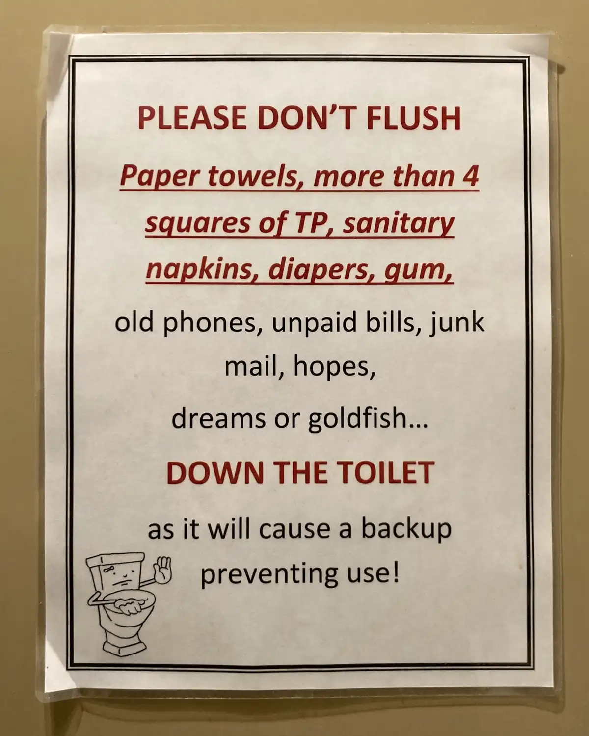 A bathroom sign lists items not to flush down the toilet, including common objects like paper towels and gum, and absurdly…
