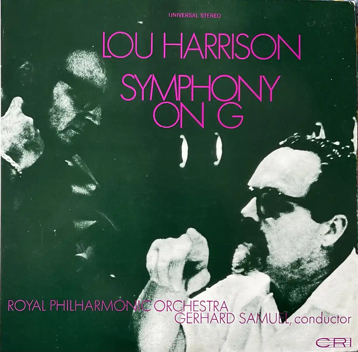 The image is a vintage album cover for Lou Harrison's 'Symphony on G,' featuring a black-and-white photo of conductor…
