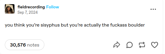 A screenshot of a Tumblr post from user 'fieldrecording' dated Sep 7, 2024, showing a comment that reads 'you think you're…