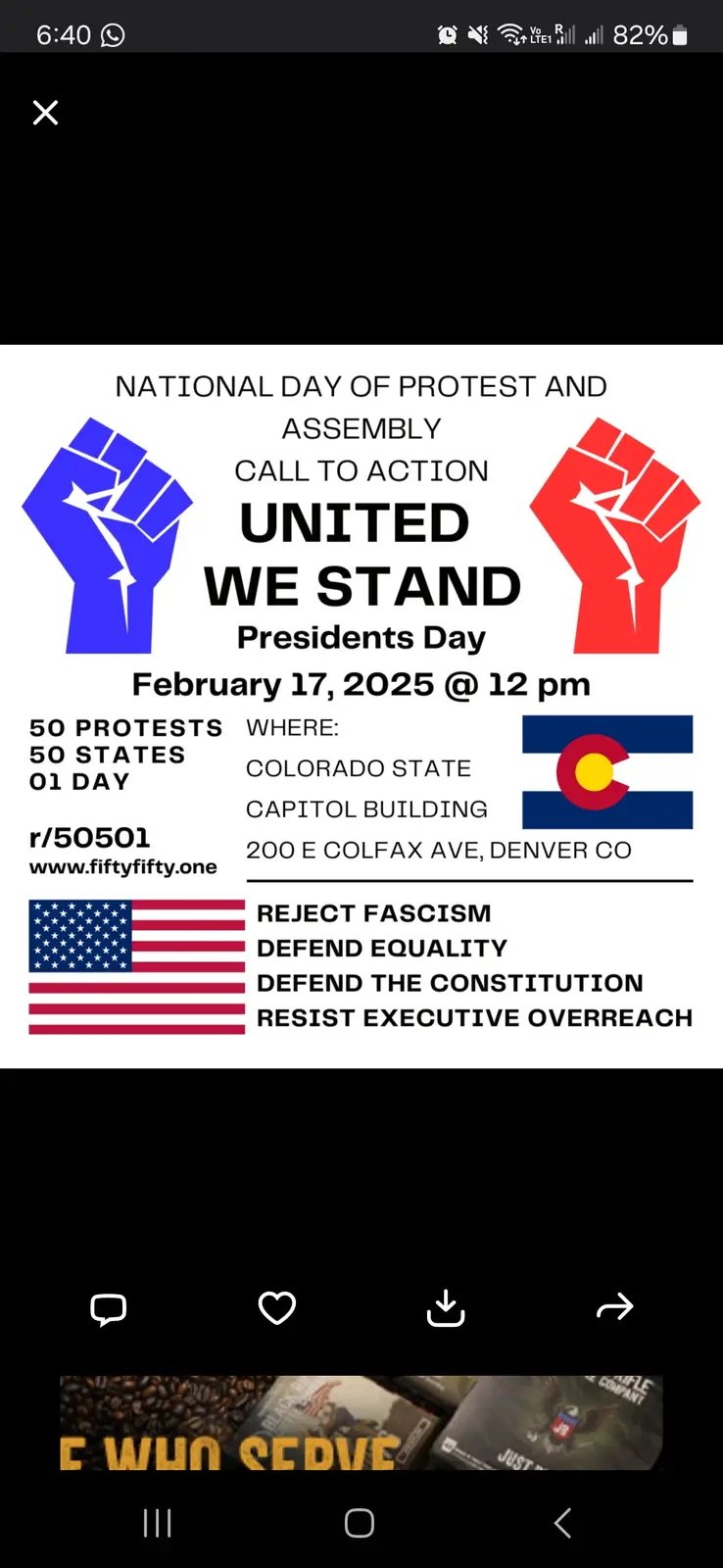 A protest flyer for 'United We Stand' on Presidents Day, February 17, 2025, featuring blue and red raised fists, the…