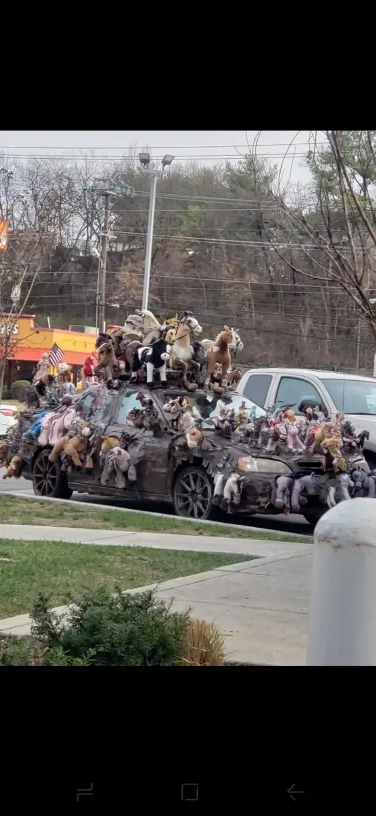 A dark-colored sedan is heavily decorated with dozens of stuffed animals, including numerous horse plushies on the roof and…