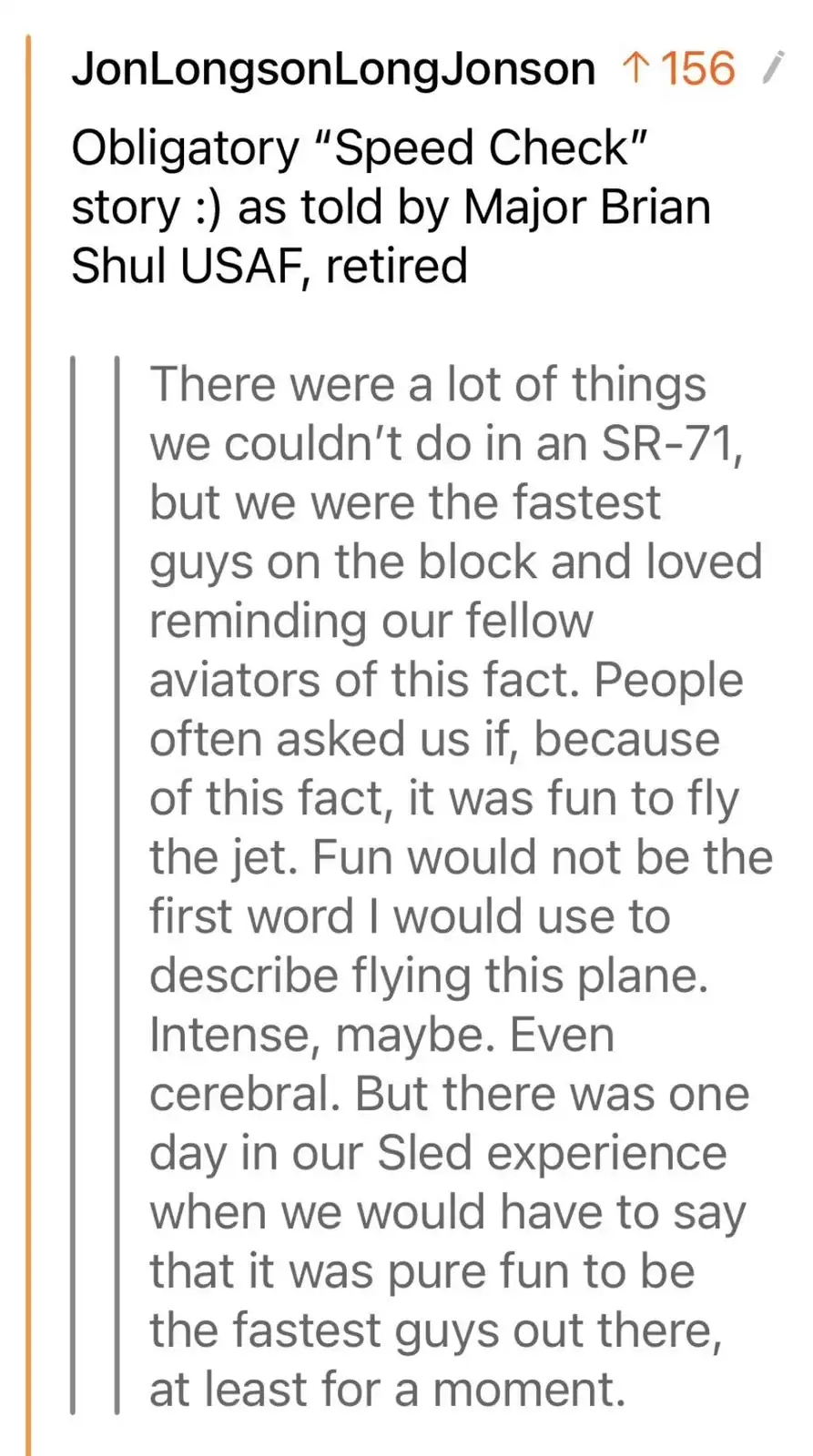 The image displays a screenshot of a Reddit post by user JonLongsonLongJonson, featuring a text excerpt from retired USAF…