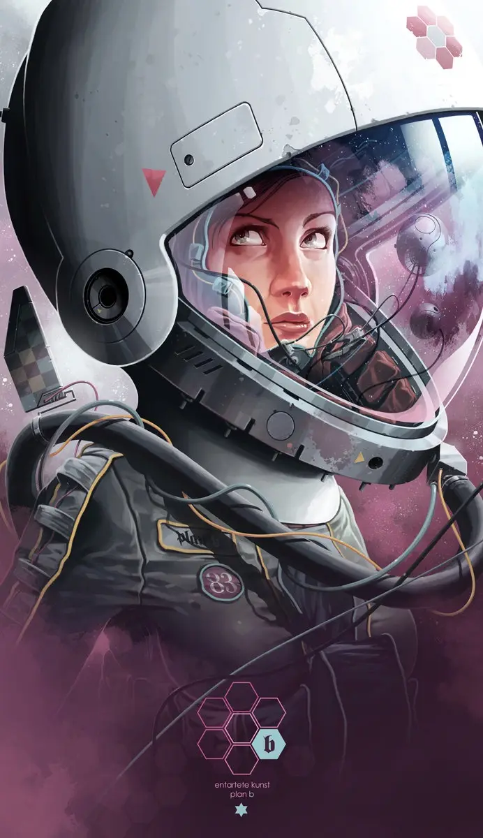 A digital illustration of a female astronaut in a detailed spacesuit helmet, looking upward with a thoughtful expression…