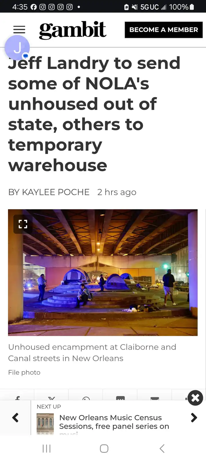 A screenshot of a Gambit newspaper article shows a nighttime photo of an unhoused encampment under an overpass in New…