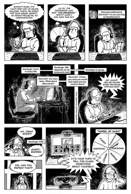 A black-and-white comic strip shows a socially anxious student named Hugo preparing for online college, only to be…