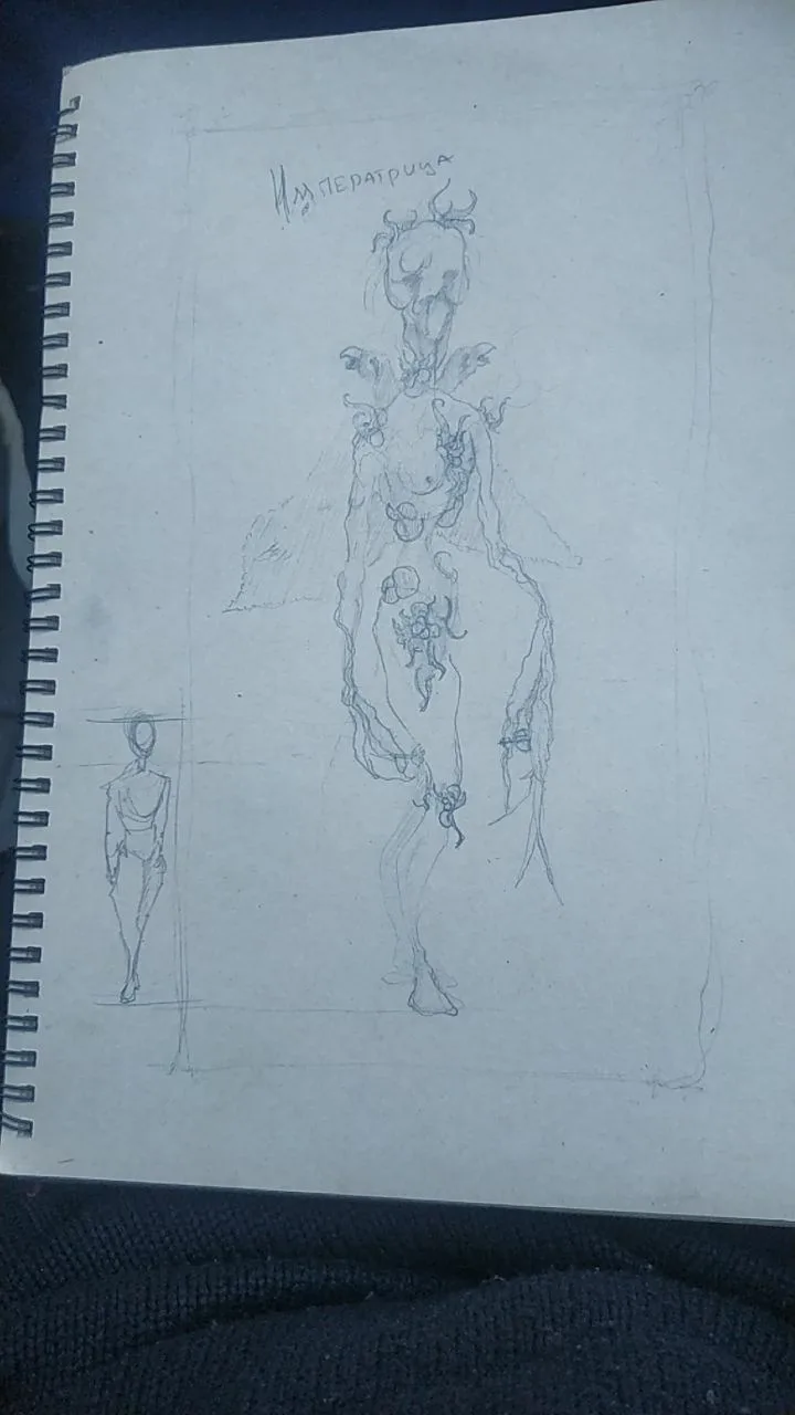 A pencil sketch on a spiral-bound notebook page shows a tall, grotesque humanoid figure with horns, multiple limbs, and a…