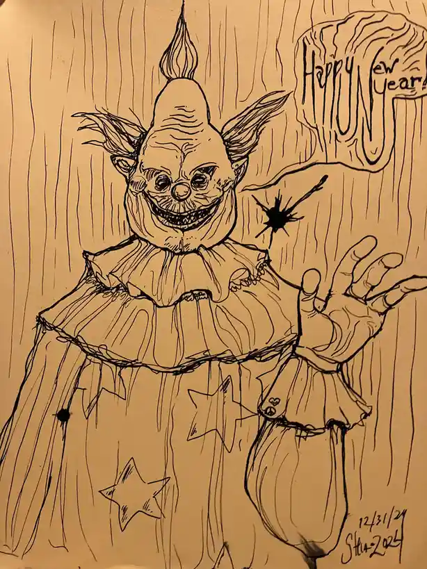 A hand-drawn black-and-white sketch depicts a grotesque, menacing clown with a wide, toothy grin, pointed ears, and a tall…