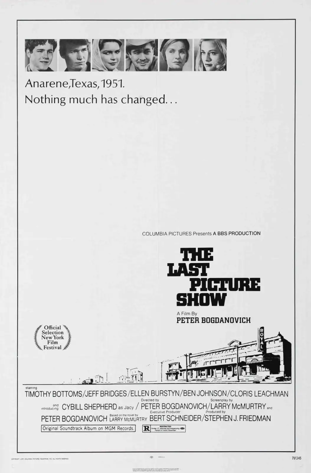 This is a black-and-white movie poster for 'The Last Picture Show' (1971), featuring a row of six actor headshots at the…