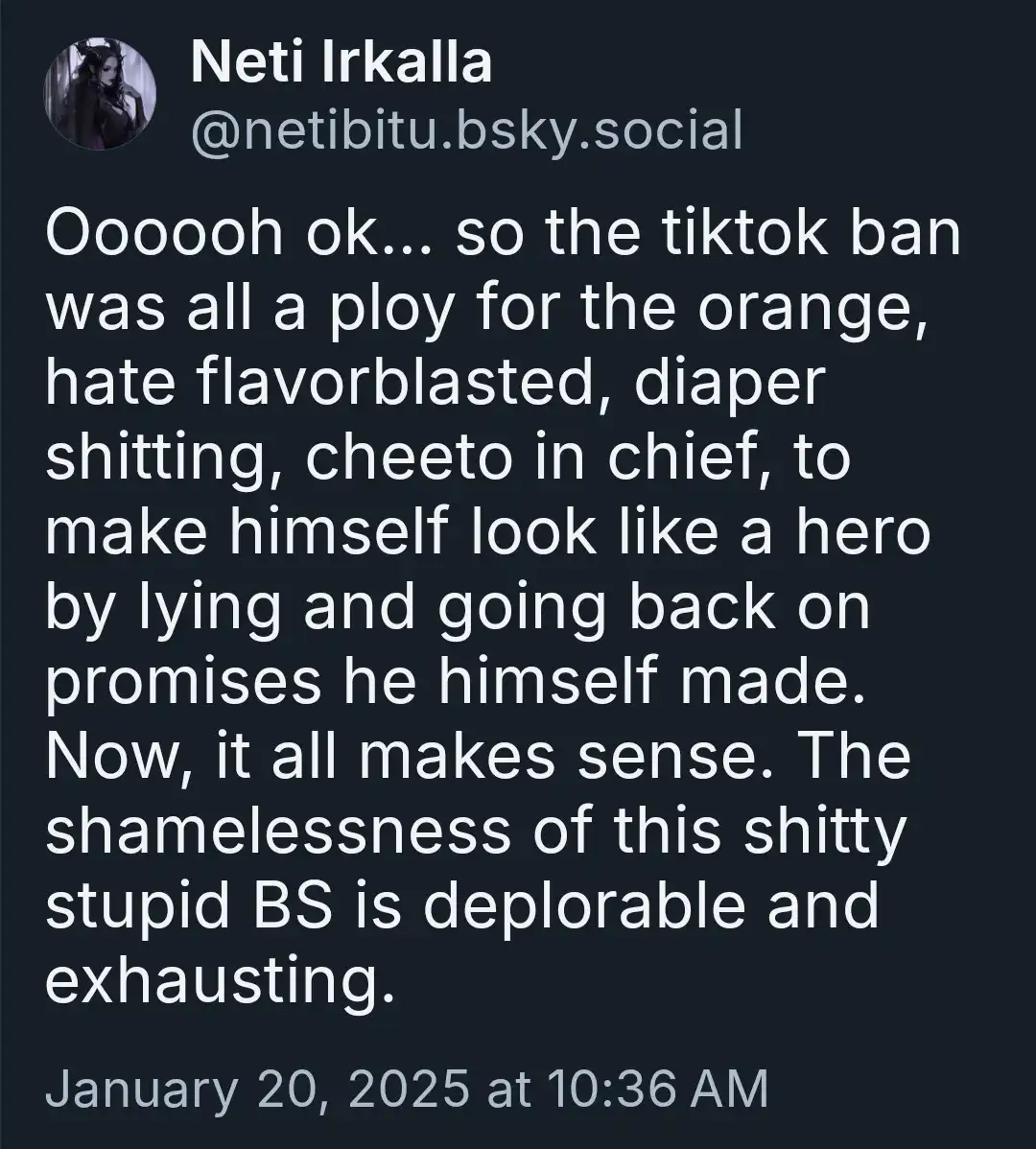 A screenshot of a social media post by Neti Irkalla, featuring white text on a dark background. The text is a rant accusing…