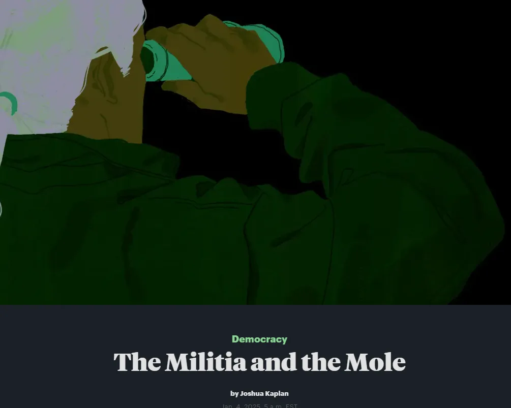 An illustration shows a person in dark green military-style clothing holding binoculars to their eyes, looking into the…