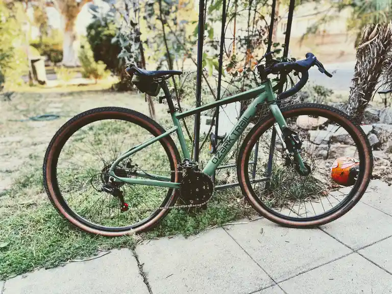 A green Ozark Trail bicycle with brown tires is leaning against a black metal fence in a grassy yard next to a sidewalk. A…