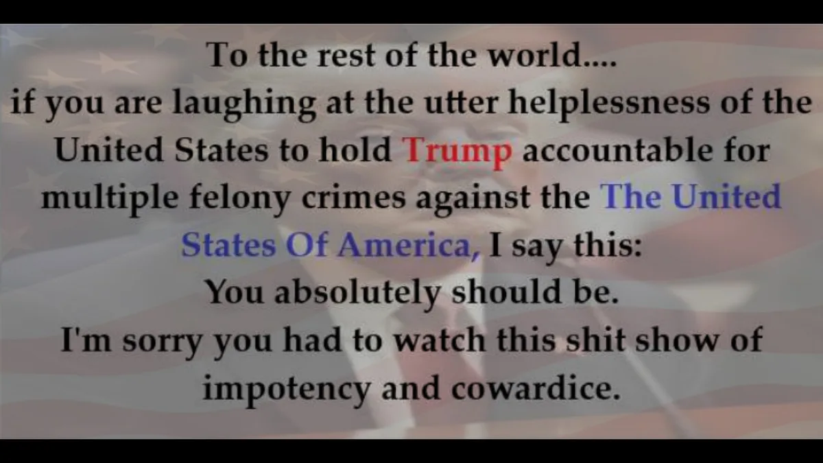The image displays a block of text overlaid on a faded American flag background. The text, in black font with 'Trump'…