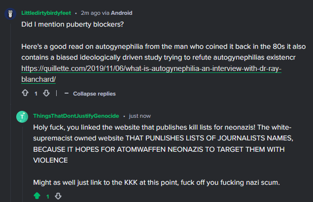 A screenshot of a Reddit comment thread where a user responds to a link about autogynephilia with extreme outrage, accusing…