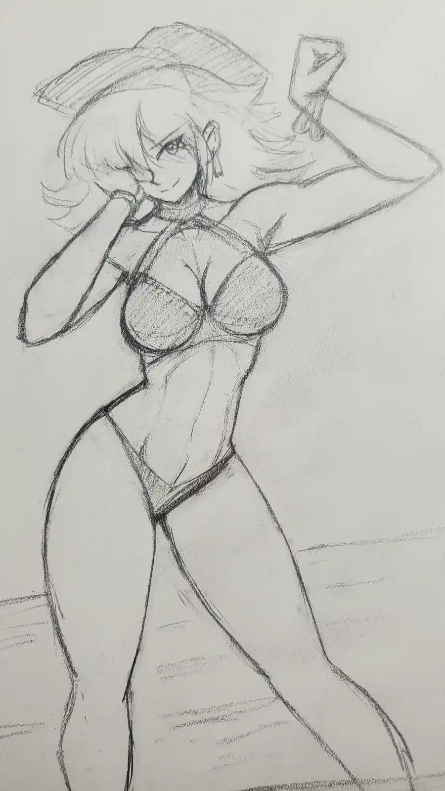 A pencil sketch of an anime-style female character in a bikini, posing with one hand on her head and the other raised…