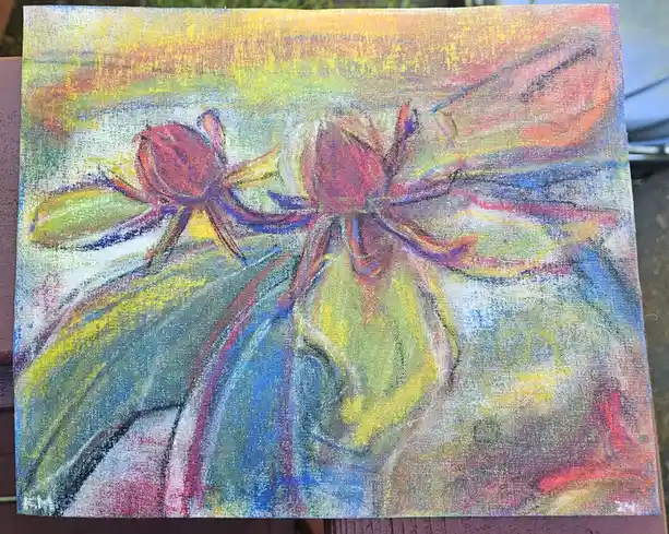 A colorful, abstract pastel drawing on canvas depicts two red, spidery shapes with long limbs resembling flowers, set…