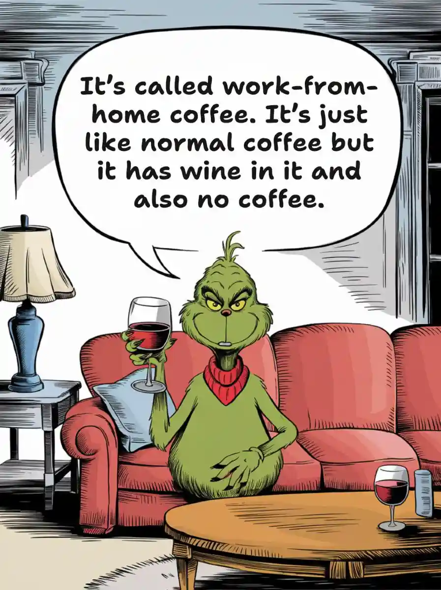The Grinch sits on a red couch holding a glass of red wine, with another glass and a coffee can on the coffee table. A…