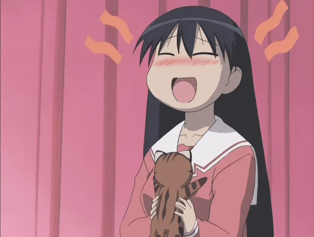 The image shows a split-screen of an anime girl in a pink school uniform holding a small brown cat. In the top row, she is…