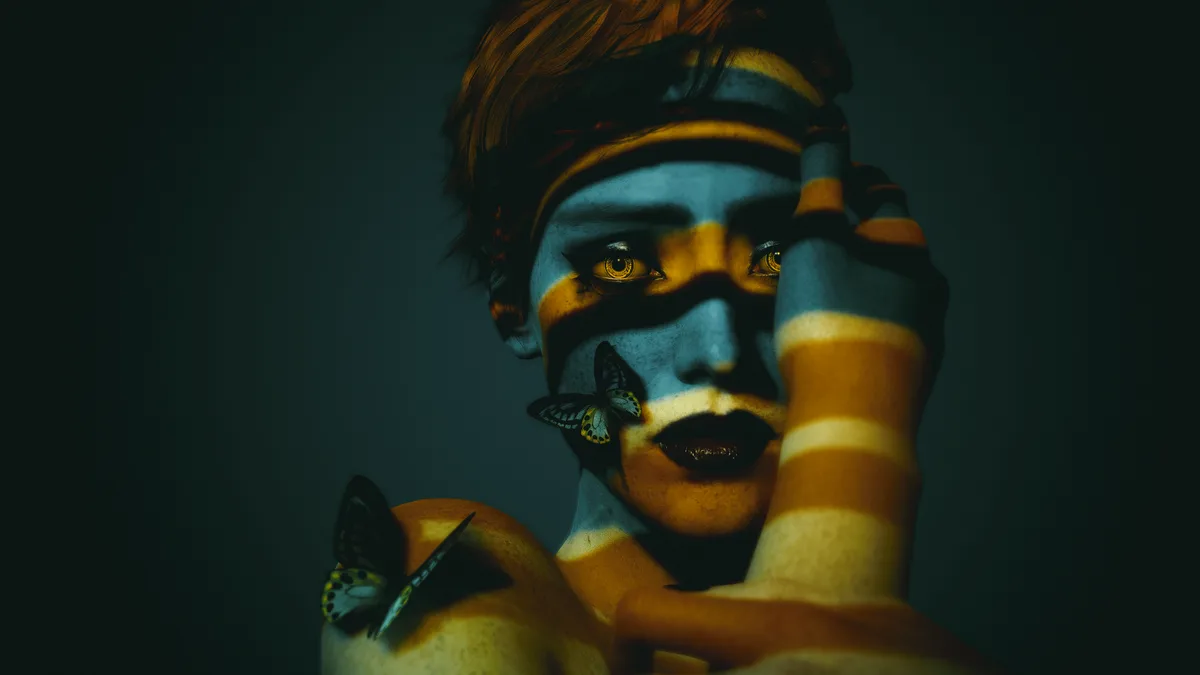 A person with short hair has blue and yellow striped light patterns projected across their face and hand, with two…
