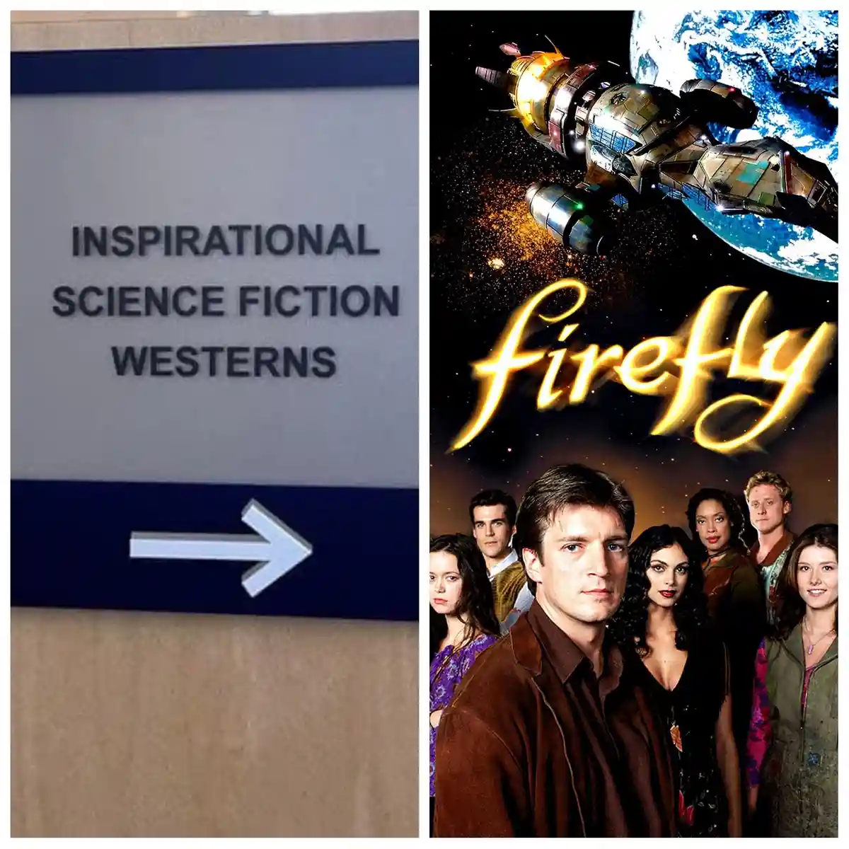 A split image shows a library sign reading 'INSPIRATIONAL SCIENCE FICTION WESTERNs' with an arrow pointing right, juxtaposed…
