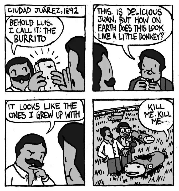 A four-panel black-and-white comic strip set in Ciudad Juárez, 1892, where a man proudly presents a burrito to another man…