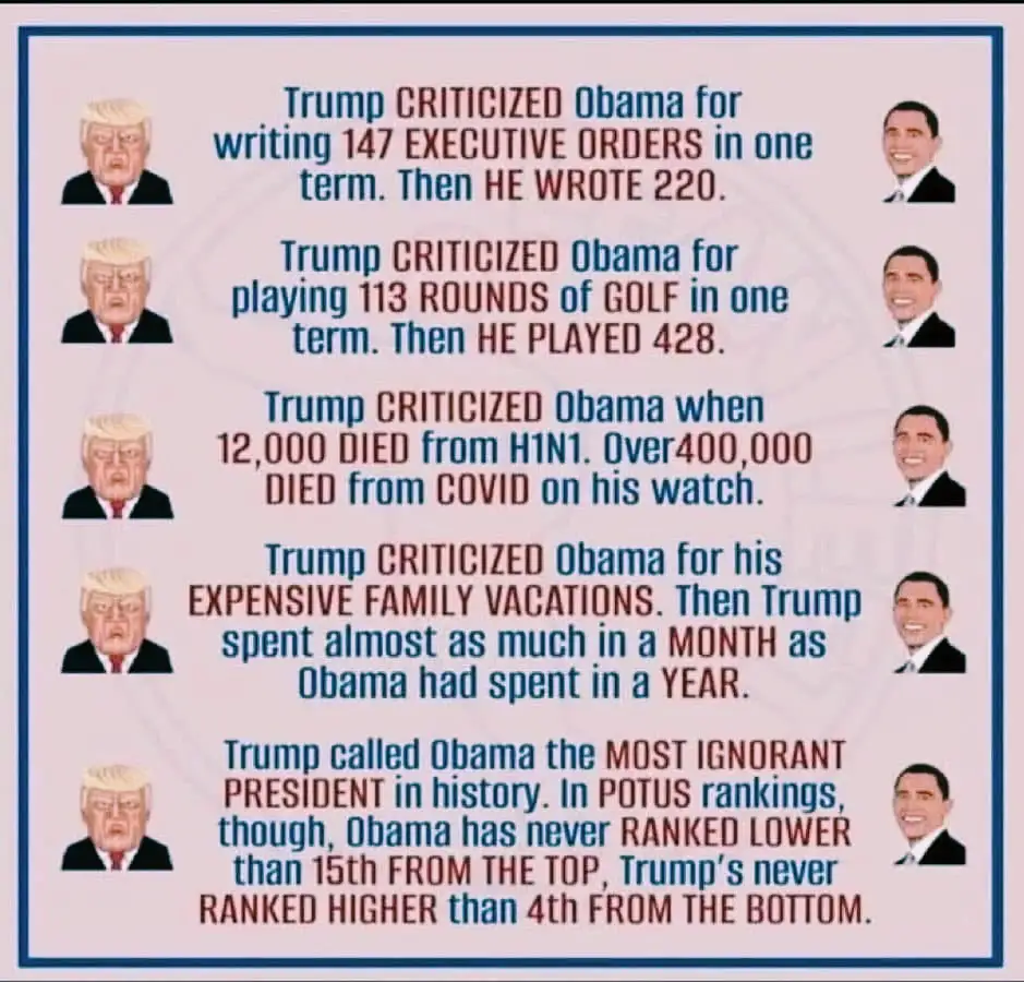 The image displays a list of five contrasting points comparing Donald Trump and Barack Obama, each point featuring a small…