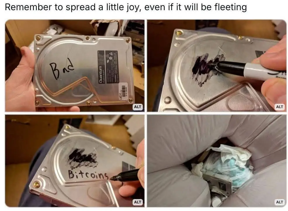 A four-panel image shows a person writing 'Bad' on a hard drive, then covering it with black marker, then writing 'Bitcoins'…