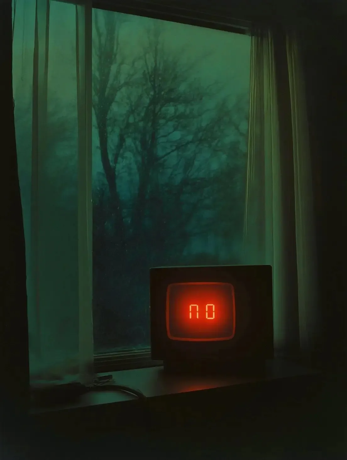 A vintage digital alarm clock with glowing red LED digits displaying the word 'no' sits on a windowsill in a dimly lit room…