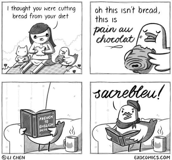 A four-panel comic strip shows a woman sitting with pets, thinking she's cutting bread from her diet. A duck then discovers…