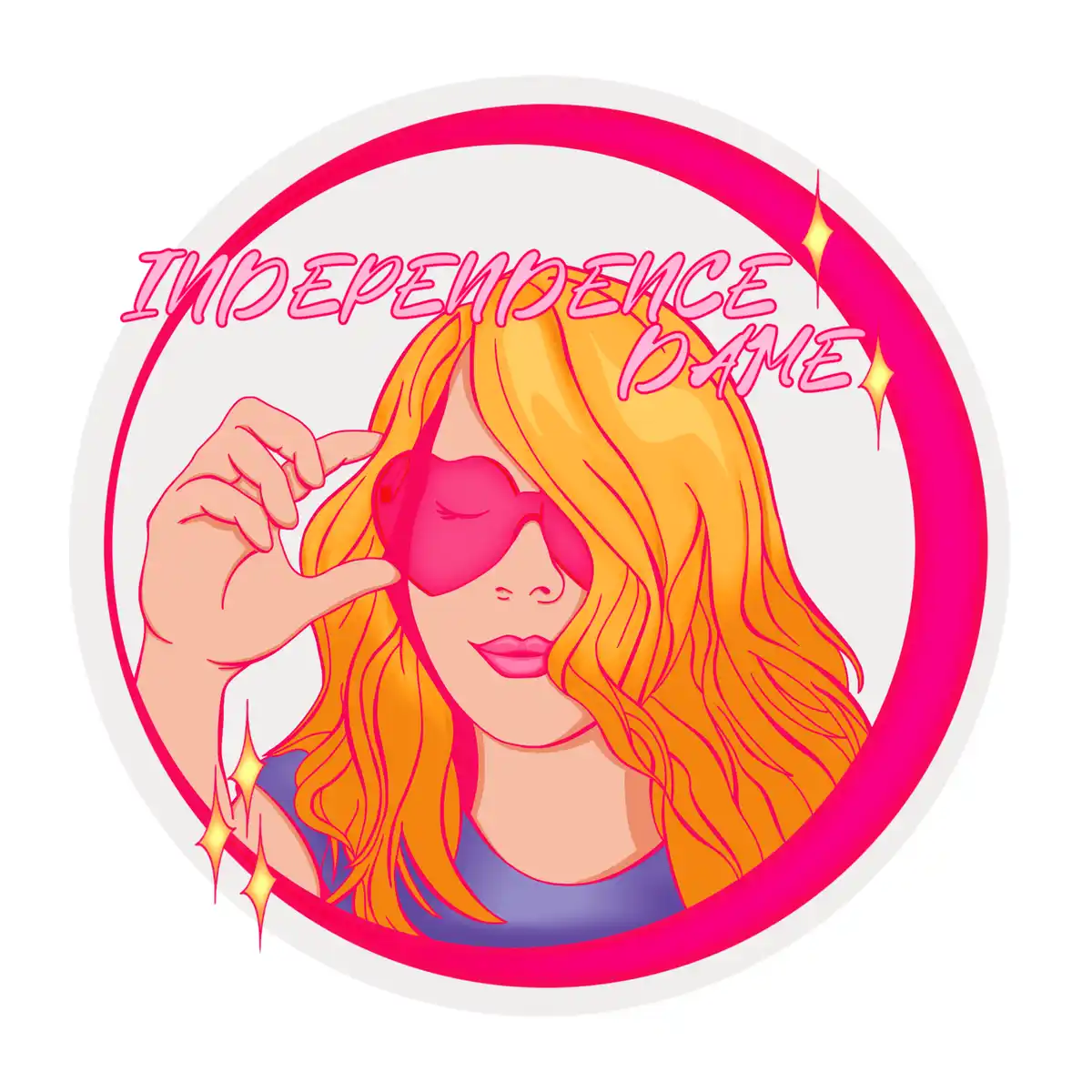 A cartoon illustration of a woman with long orange hair, wearing pink heart-shaped sunglasses and a purple top, inside a…