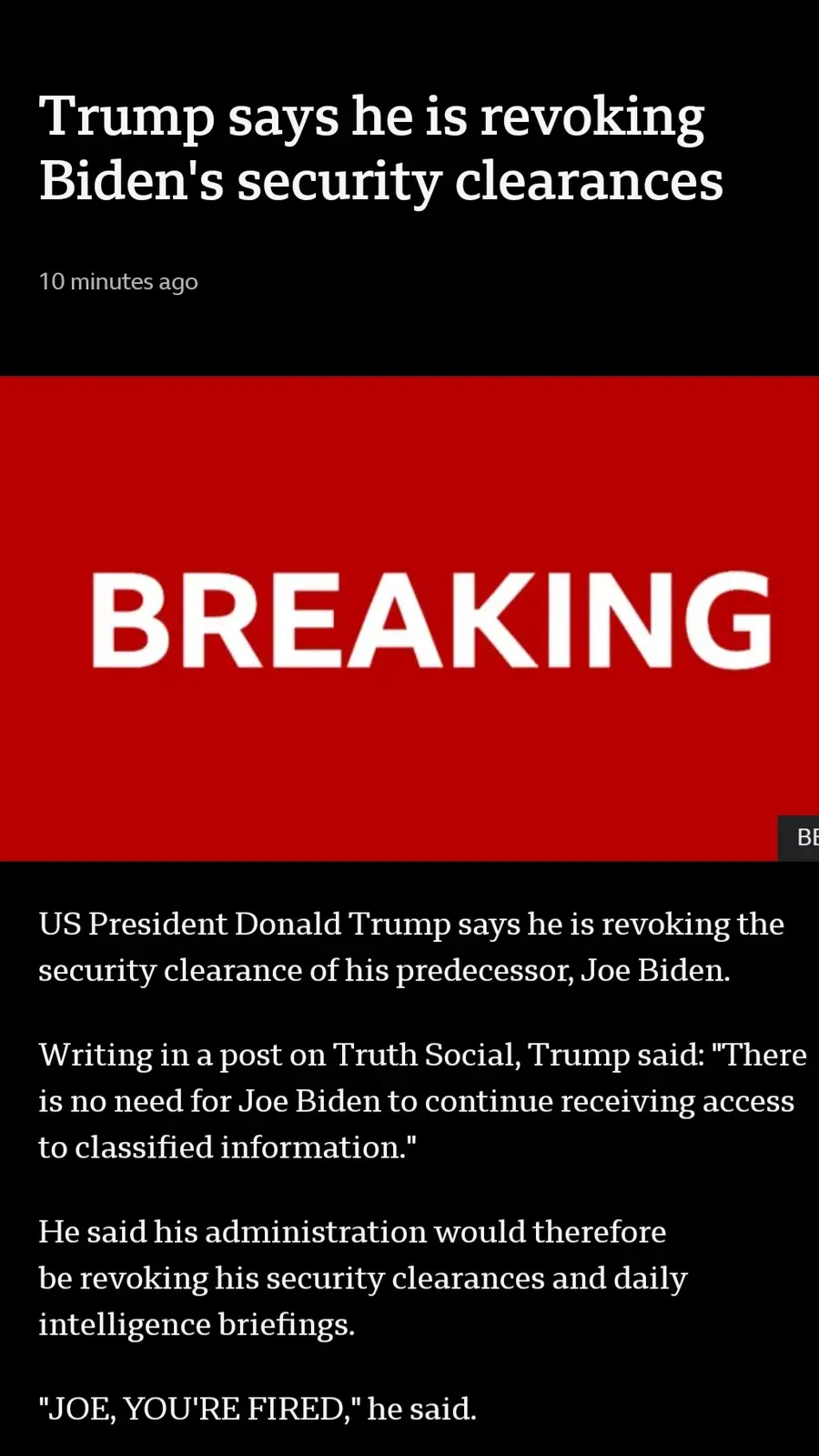 A mock news article screenshot with a black header stating 'Trump says he is revoking Biden's security clearances' and '10…