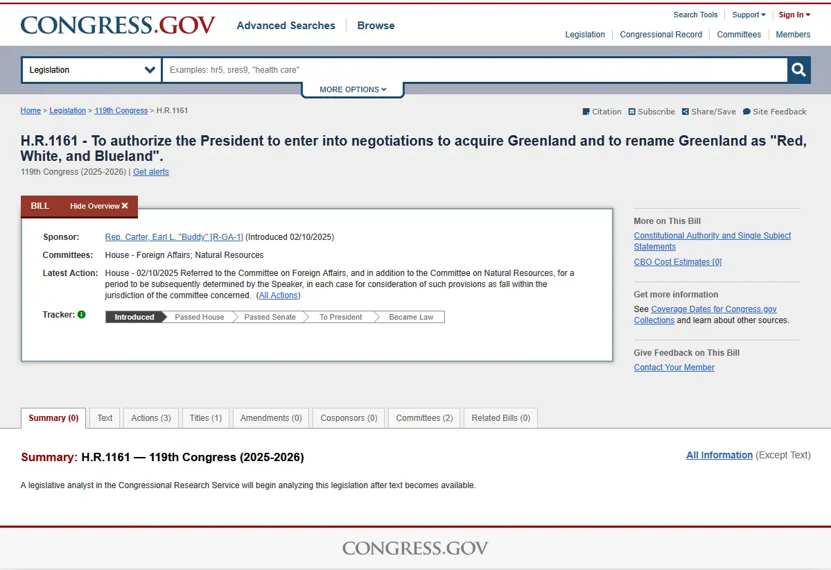 A screenshot of the official Congress.gov webpage for H.R.1161, a fictional bill titled 'To authorize the President to enter…