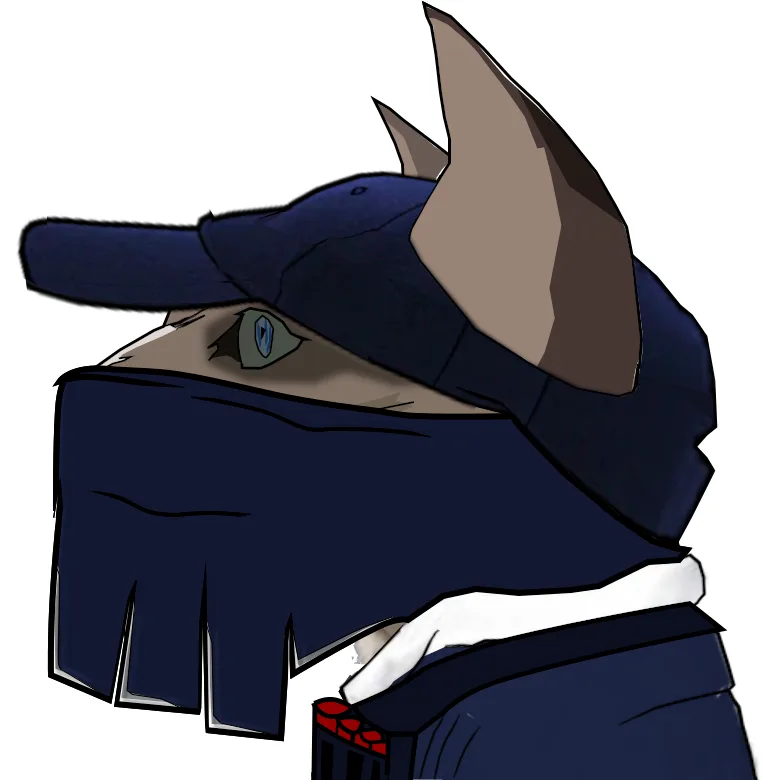 A stylized cartoon character with large pointed ears, wearing a dark blue cap and a matching dark blue scarf covering their…