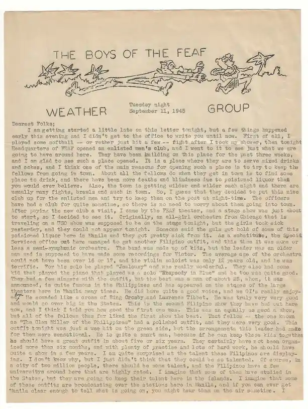 A heartfelt WW2 letter from a serviceman in the Philippines, sharing stories of talented locals and his deep longing for home.