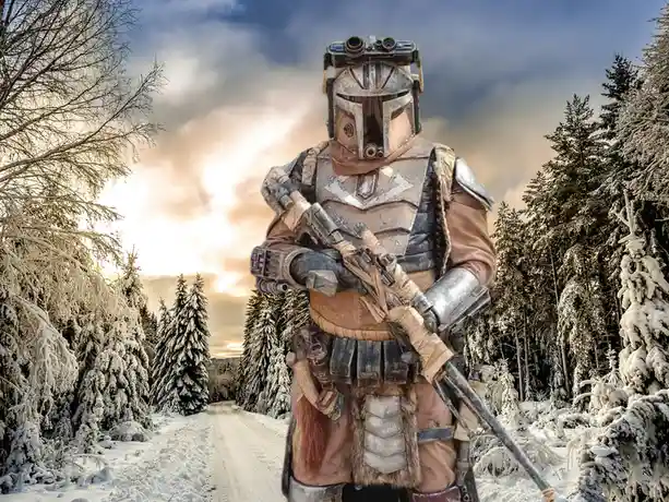 A character in Mandalorian armor, holding a blaster rifle, stands in the middle of a snow-covered forest road. The trees are…