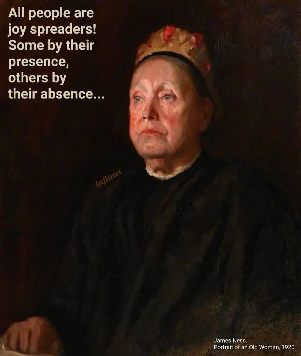 A somber 1920 oil painting by James Ness titled 'Portrait of an Old Woman' depicts a woman in dark clothing and a patterned…