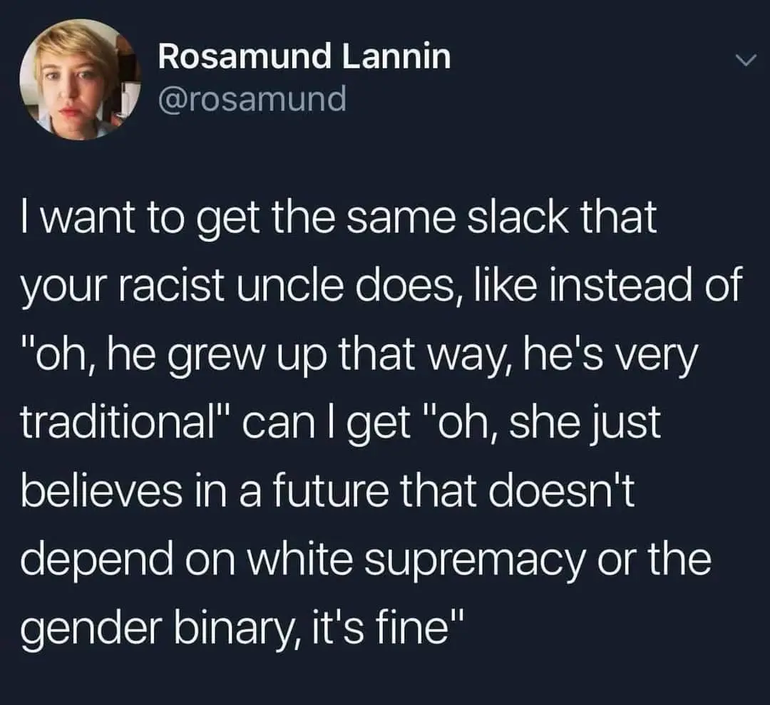 A screenshot of a tweet by Rosamund Lannin (@rosamund) with a dark background and white text. The tweet reads: "I want to…