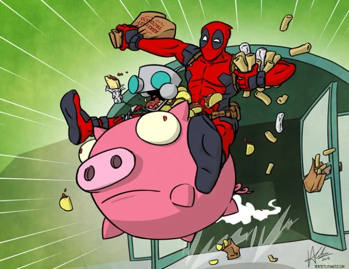 Deadpool, in his red and black suit, is riding a pink piggy bank that is flying through the air, breaking through a door…
