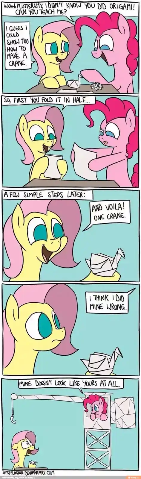A five-panel comic strip featuring two My Little Pony characters, Pinkie Pie and Fluttershy, teaching origami. Pinkie Pie…