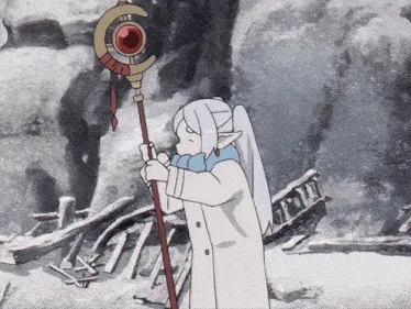 A six-frame sequence from an anime shows a white-haired elf-like character in a white coat holding a staff with a red eye at…