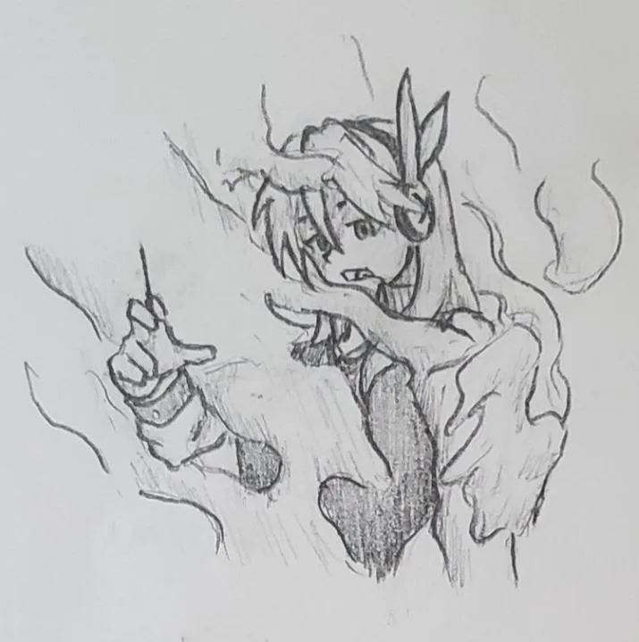 A rough pencil sketch shows an anime-style character with long hair and a headband, looking frustrated or exasperated while…