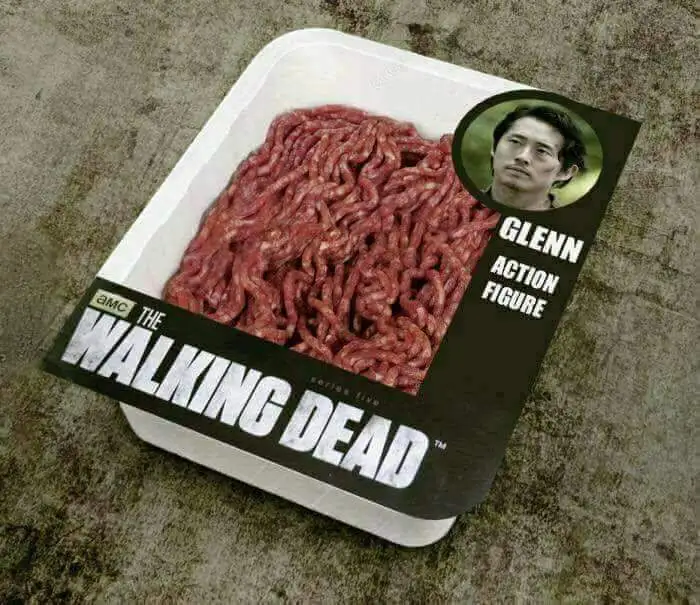 A package of raw ground meat is labeled as 'The Walking Dead' series five, with a circular photo of actor Steven Yeun as…