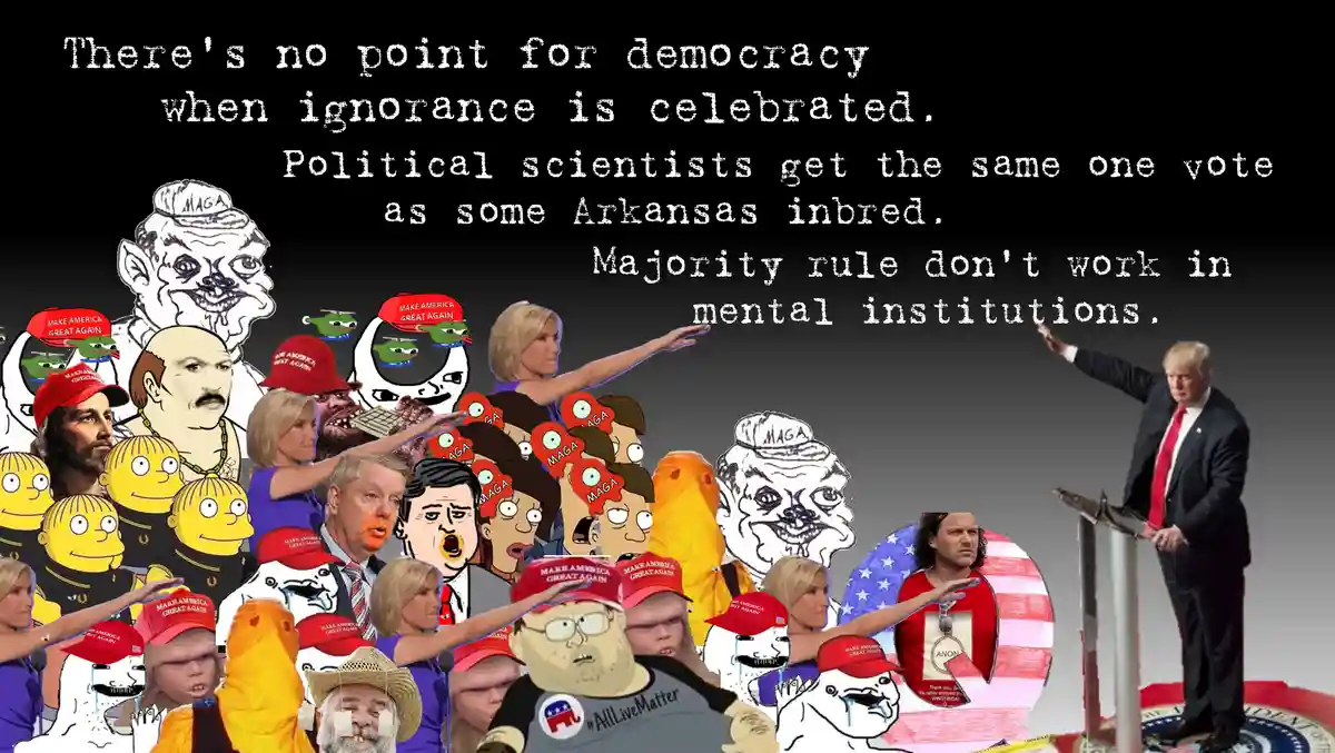 A collage of various internet memes and caricatures, including Pepe the Frog, cartoon characters, and real people, many…
