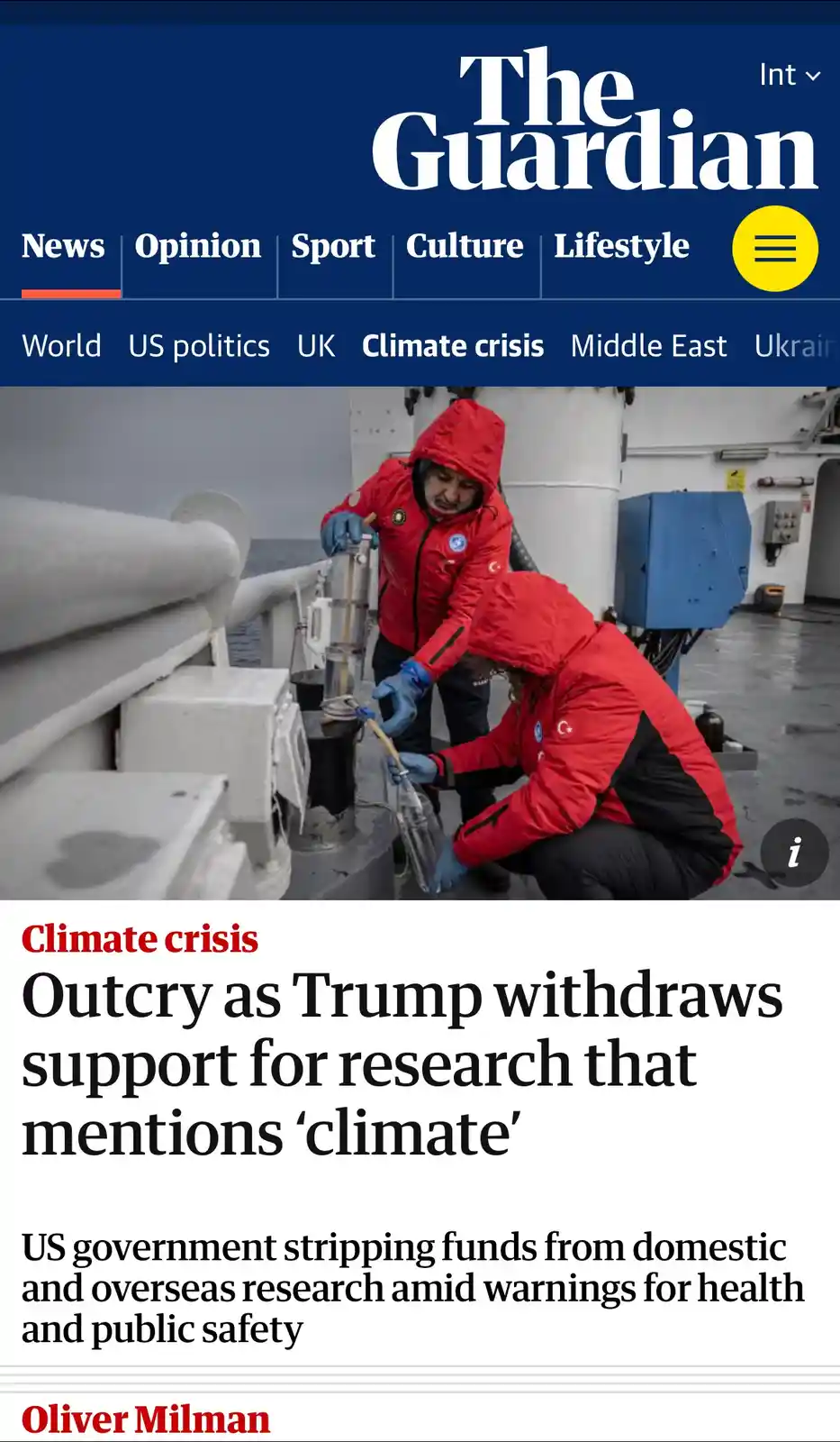 A screenshot of The Guardian's news article shows two scientists in red jackets on a ship collecting water samples. The…