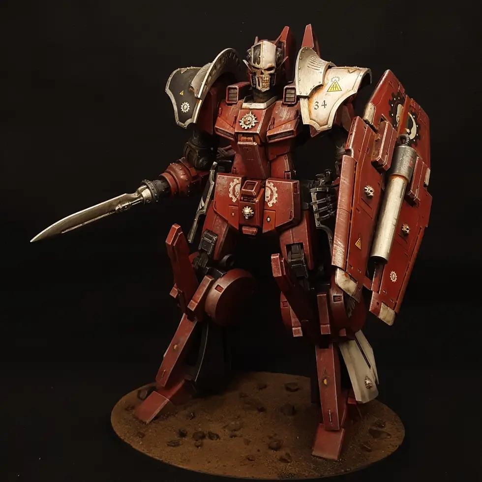 A highly detailed, red-painted, heavily armored humanoid robot model stands on a circular base with dirt and rocks, holding…