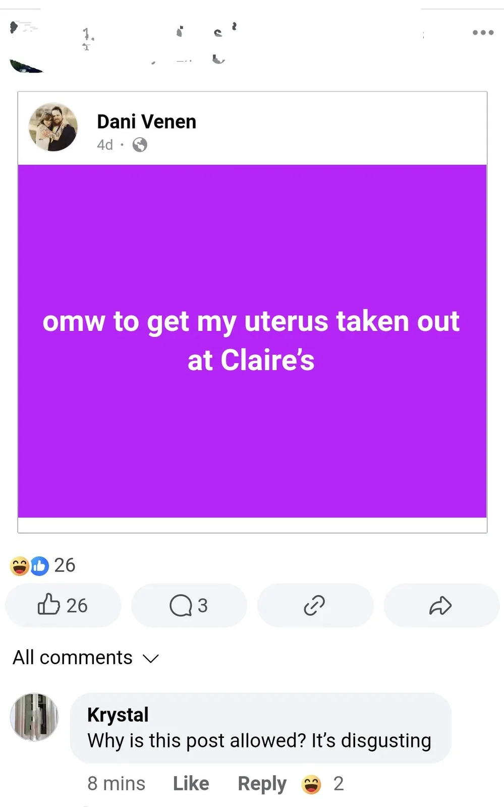A screenshot of a Facebook post by Dani Venen, which features a solid purple background with white text reading 'omw to get…