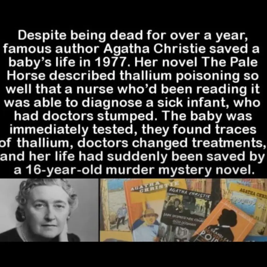 The image displays a black-and-white portrait of Agatha Christie on the left and a collage of her colorful book covers on…