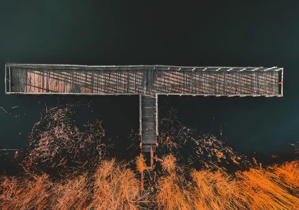 An aerial view shows a wooden pier extending over dark water, with orange reeds at the shore. The pier's structure forms a…