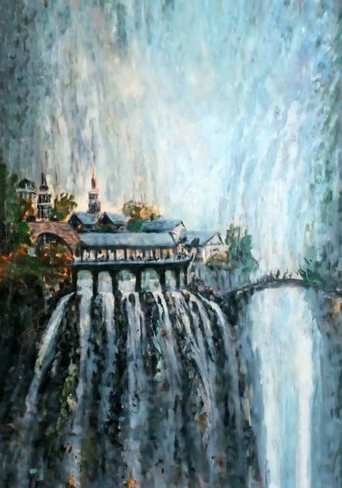 This is a painting depicting a quaint town with buildings and a bridge built directly on the edge of a massive, cascading…