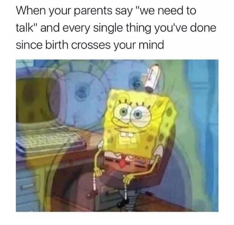 SpongeBob SquarePants sits in his office chair with a nervous, wide-eyed expression, holding a pencil in each hand. He is…
