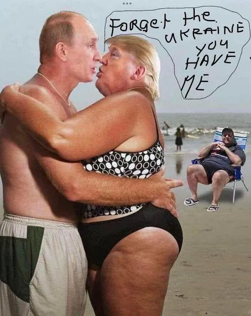 Two men, identified as Vladimir Putin and Donald Trump, are shown in a close embrace on a beach, appearing to kiss. Putin is…